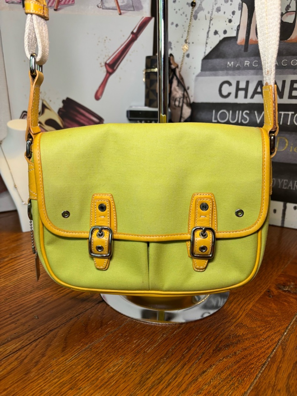 Coach 6735 Lime Green Canvas Yellow Leather Buckle Flap Crossbody Messenger Bag